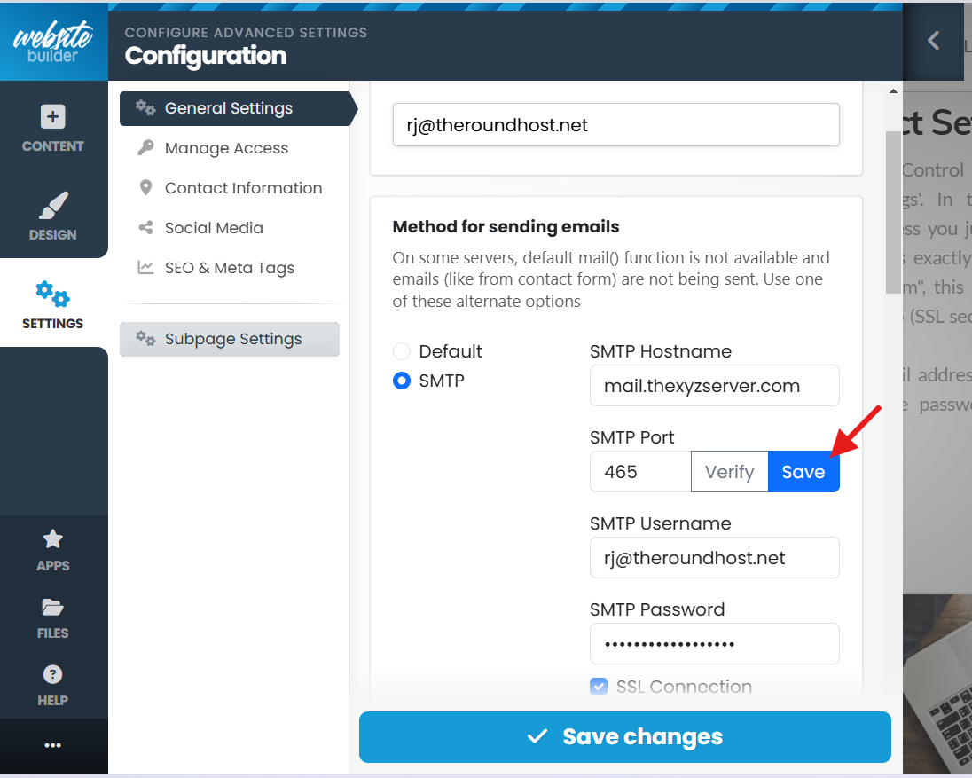 roundcube SMTP settings